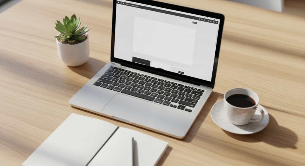 Modern workspace setup with laptop displaying website design mockup, symbolizing the start of a web design career without a portfolio