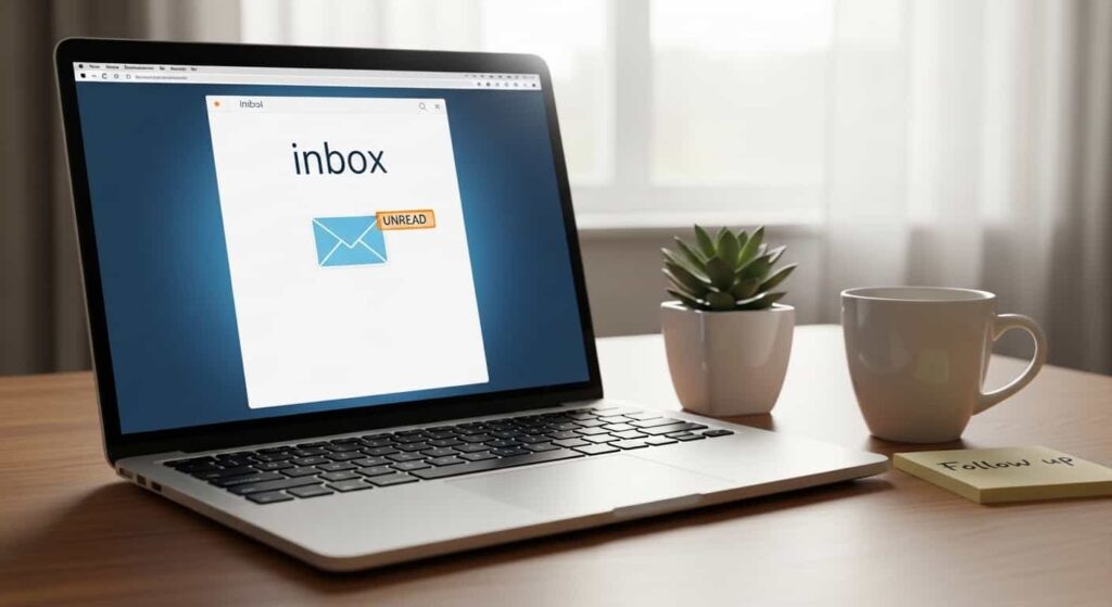 Web developer’s workspace with laptop displaying email inbox, coffee mug and sticky note nearby, warm morning light, realistic office scene