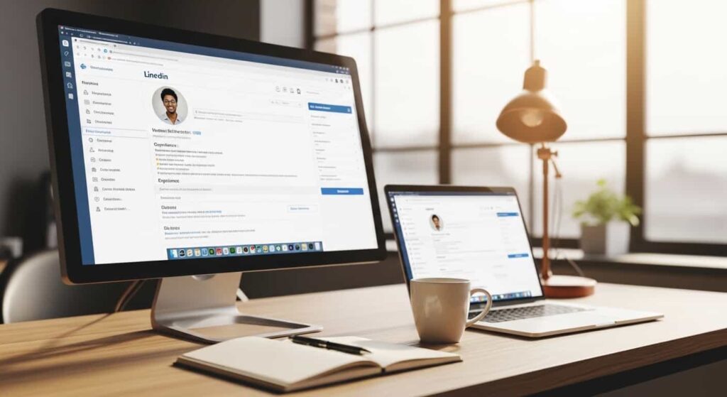 Web designer working on LinkedIn profile to attract high‑ticket clients, modern office setup with laptop and monitor displaying LinkedIn interface.