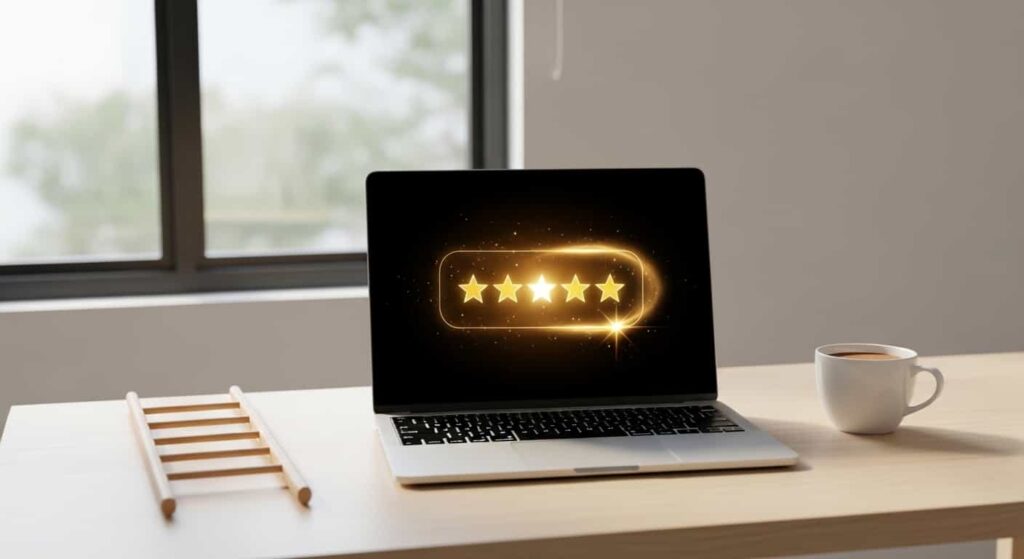 Freelance web developer workspace with laptop displaying a five‑star review and a small ladder symbolizing career growth on Upwork.