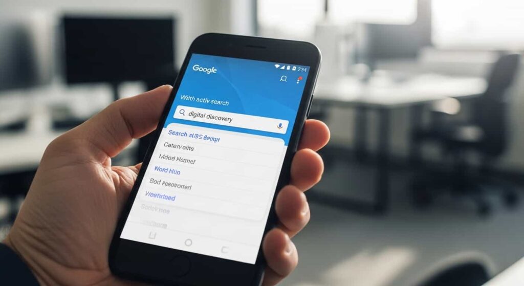 Person using smartphone to search for web development services with Google search results visible on screen