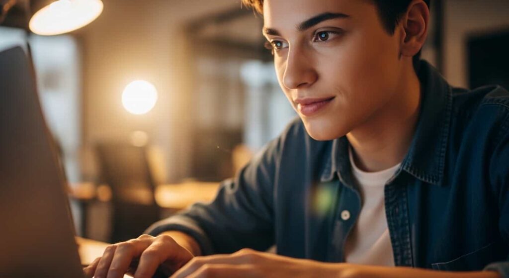 Confident web designer working on laptop, representing the mindset shift needed to land first clients without a portfolio