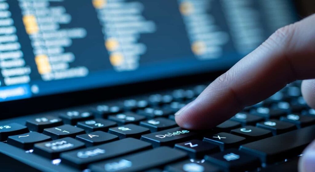 Finger hovering over delete key on keyboard, blurred email inbox in background, tension of deleting cold email