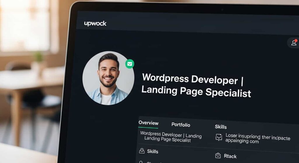 Upwork profile of a web developer with a niche title and portfolio samples visible on the screen.