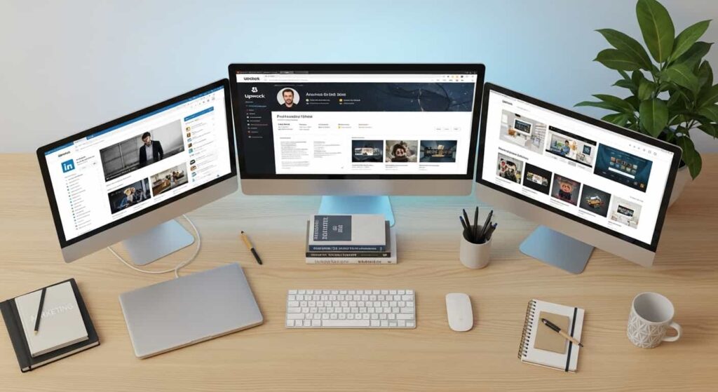 Multi-screen workspace setup showing freelance web developer profiles on Upwork, LinkedIn, and personal portfolio website