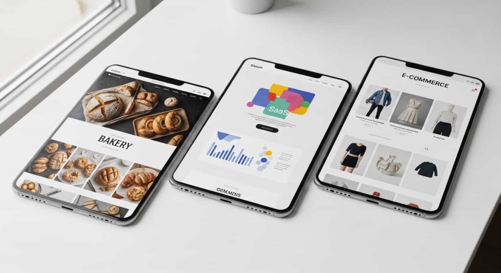 Three printed website design mockups showcasing concept projects for a bakery, SaaS startup, and e-commerce store