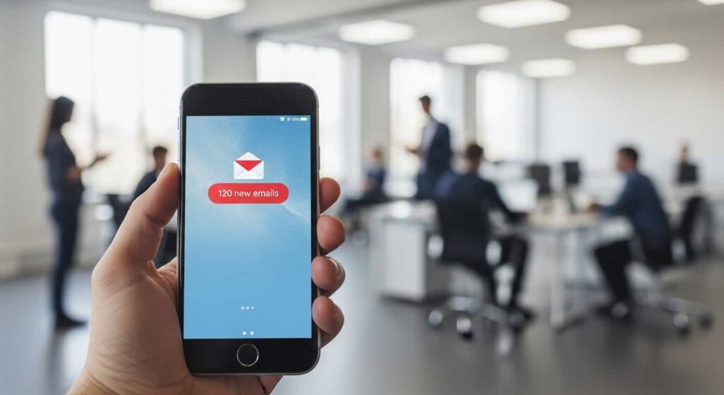 Smartphone showing email notification badge with 120 unread messages, blurred office background, daily email overload