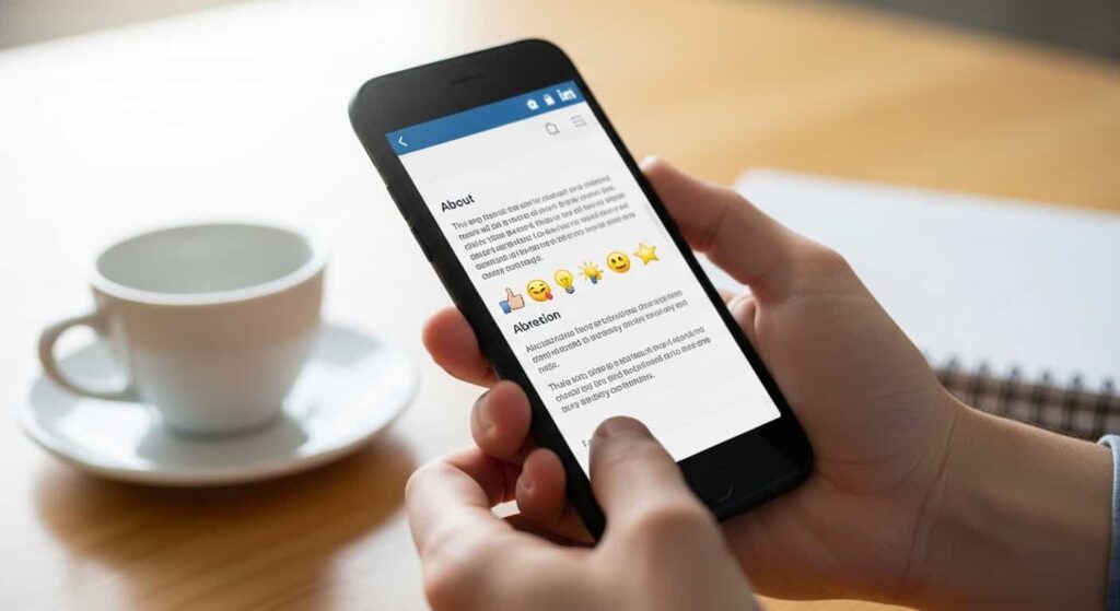 Smartphone displaying a LinkedIn profile’s About section with short paragraphs and bullet points, representing a well‑structured professional summary for web designers.