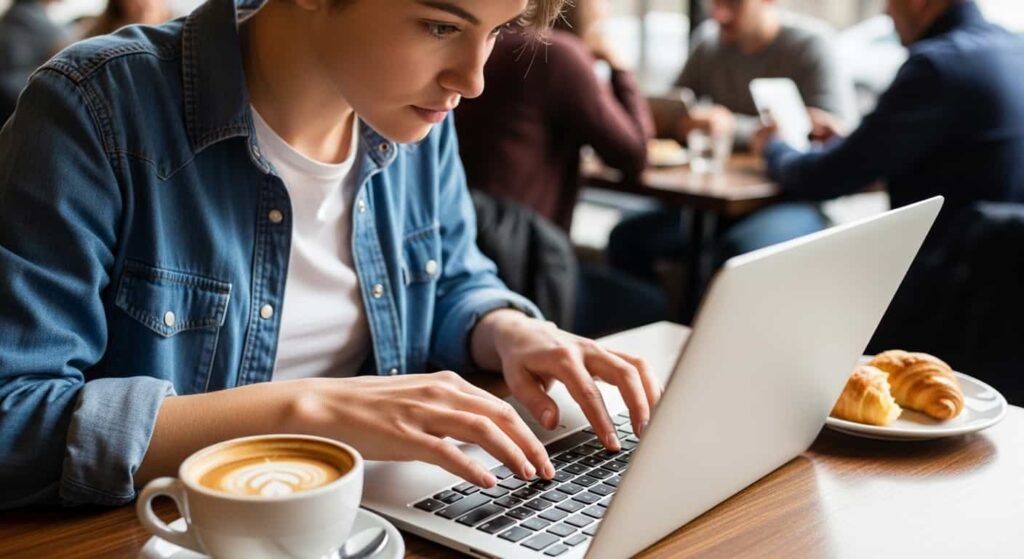 Freelance web developer crafting client outreach emails while working from a coffee shop with laptop and coffee on table