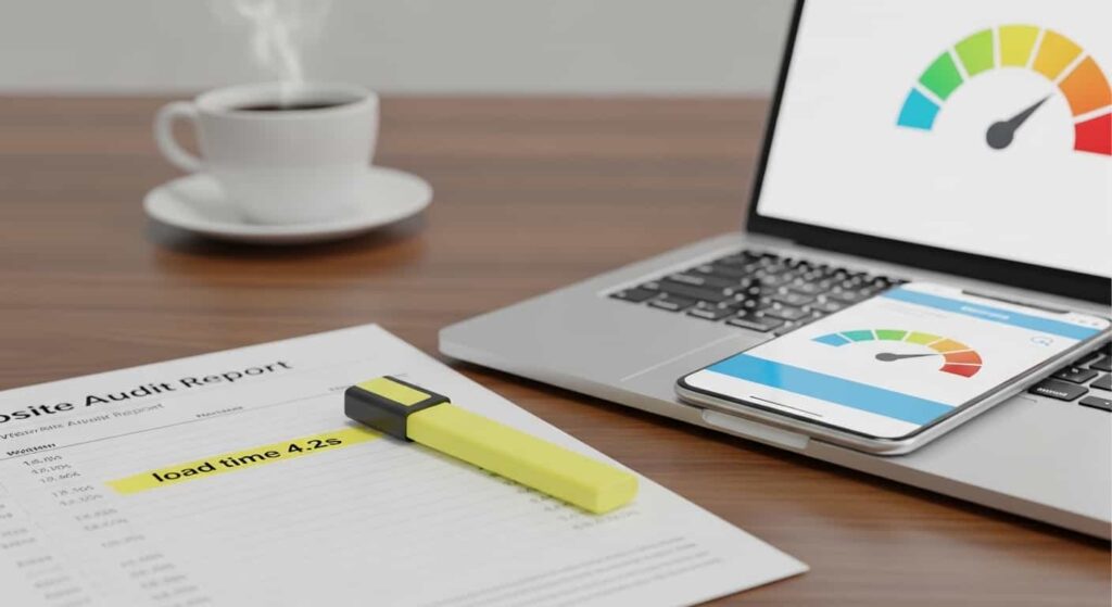 Printed website audit report on desk with laptop showing mobile speed test, highlighted load time, professional analysis scene