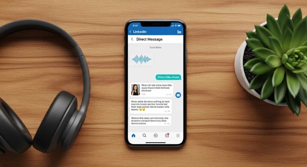 Smartphone displaying a LinkedIn message with a voice note and video link, representing a value‑first outreach message to potential web design clients.