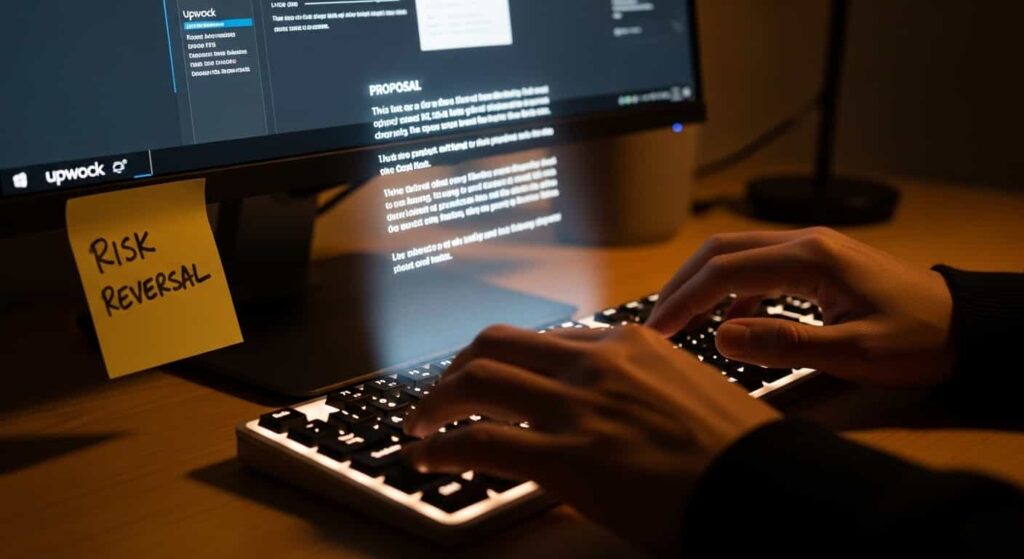 Hands typing an Upwork proposal on a laptop with a sticky note that says risk reversal, highlighting the proposal strategy for new freelancers.