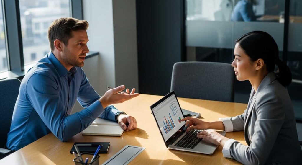 Web developer meeting with marketing agency partner to discuss collaboration and referral opportunities in modern office setting