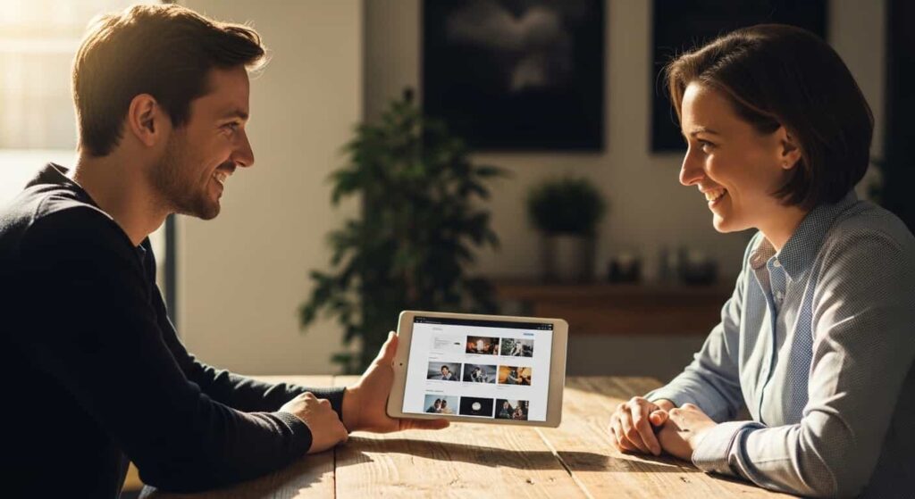 Web designer presenting a website mockup to a small business owner, overcoming portfolio objections with a visual solution