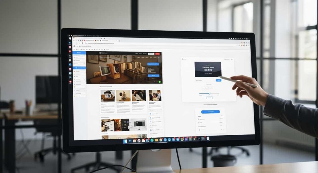 Comparison of old and modern website interfaces on dual monitors, hand pointing to newer design, tech office environment