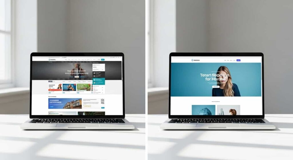 Side‑by‑side comparison of a dated website design and a modern website redesign on two laptops, showcasing the transformation a web designer can achieve.