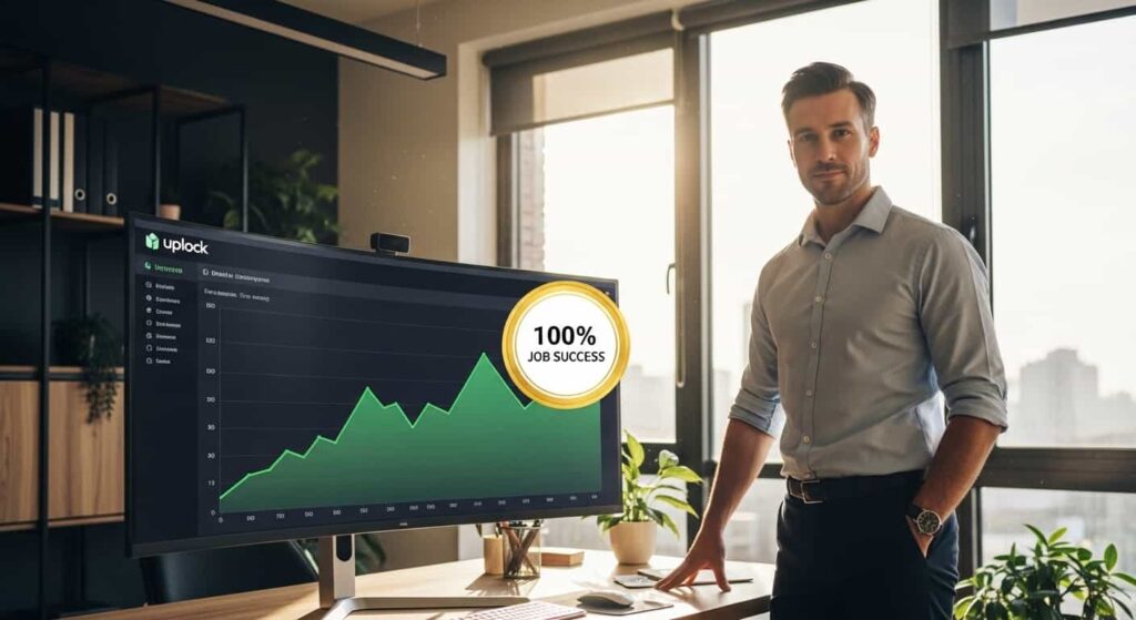 Web developer viewing an Upwork dashboard with 100 percent job success score and a rising graph, symbolizing career growth and higher rates.