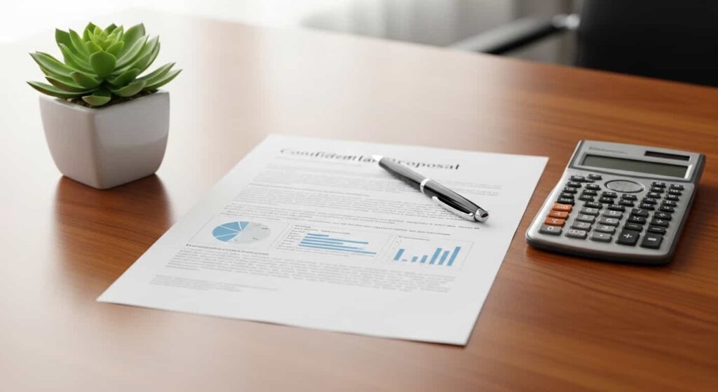 Freelance web development proposal document on desk with pen and calculator showing professional pricing and packaging materials