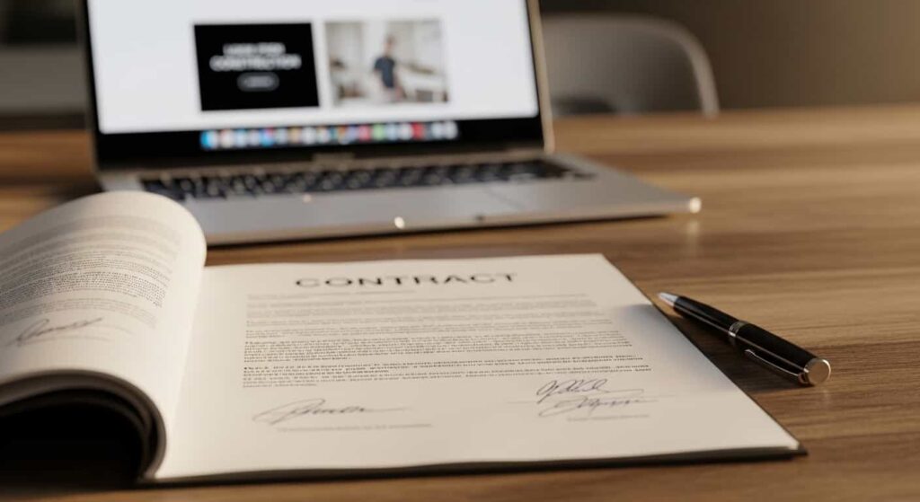 Signed web design contract on desk, emphasizing milestone‑based payment structure to build trust with new clients