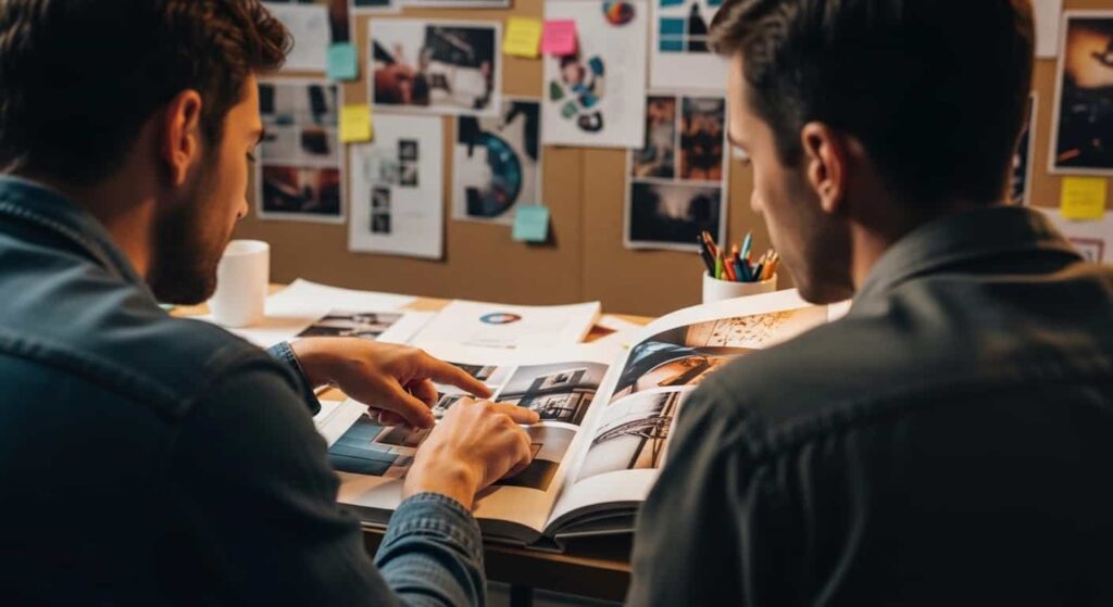 Two designers reviewing portfolio together in creative agency studio, collaborative partnership scene