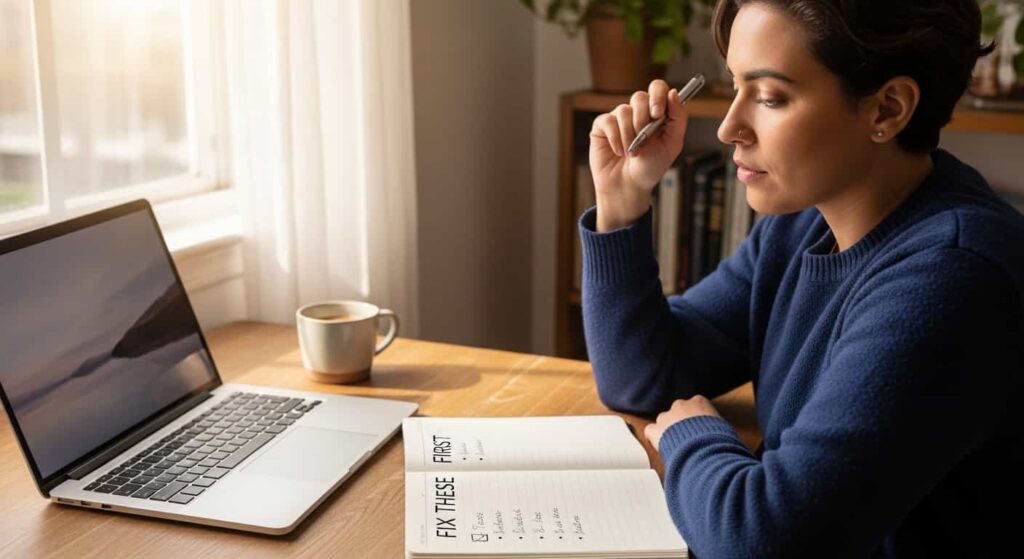 Freelancer writing a troubleshooting checklist at a desk, representing problem‑solving strategies for Upwork success.