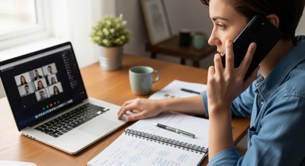 Freelance web developer on a discovery call with potential client, taking notes during the conversation about project scope and requirements