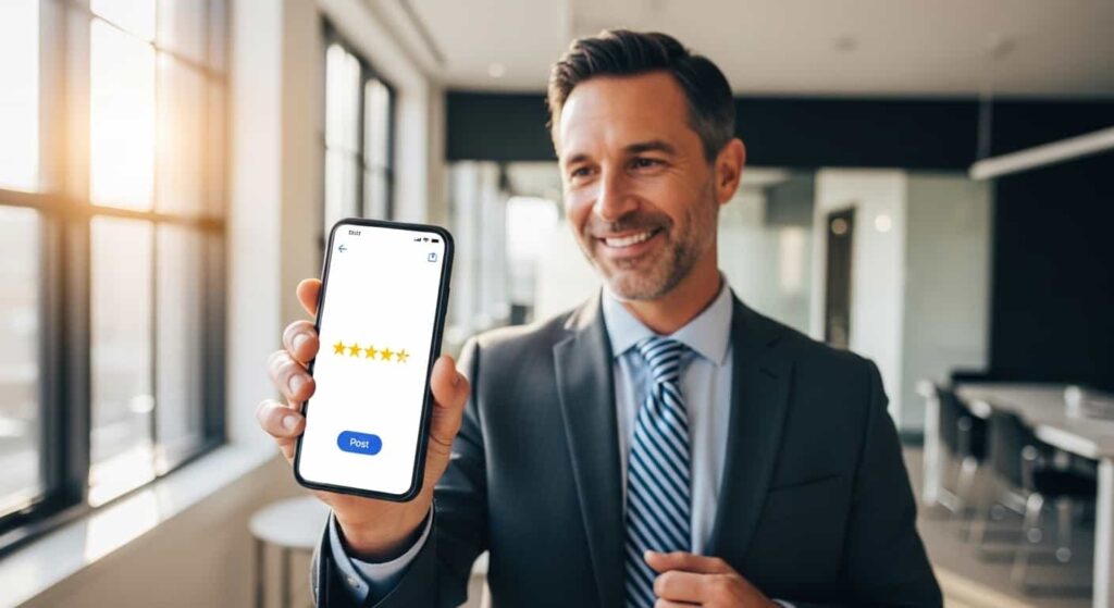 Small business owner leaving a five‑star review on smartphone, highlighting the importance of testimonials for new web designers