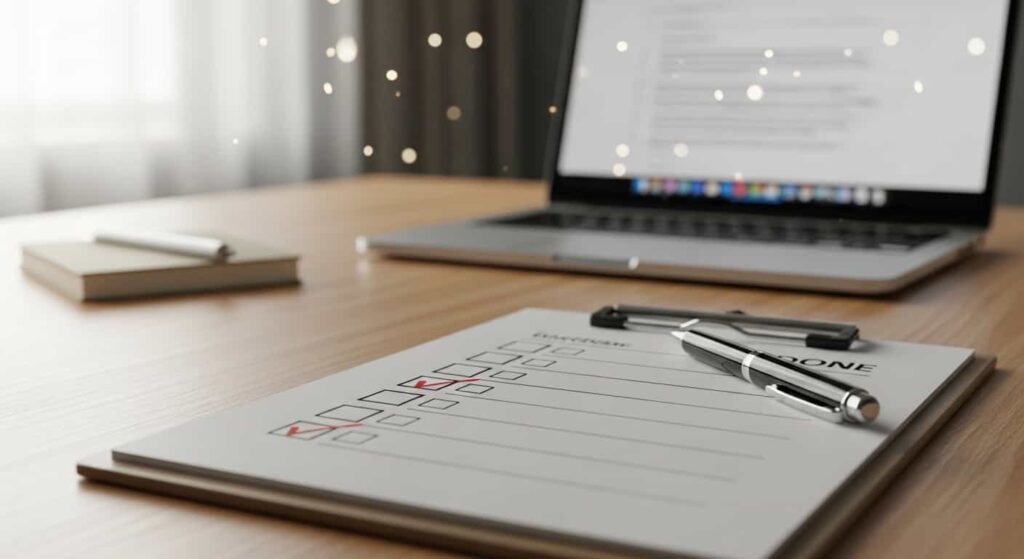 Clipboard with checklist and pen on desk, laptop showing email draft in background, organized pre‑send workflow