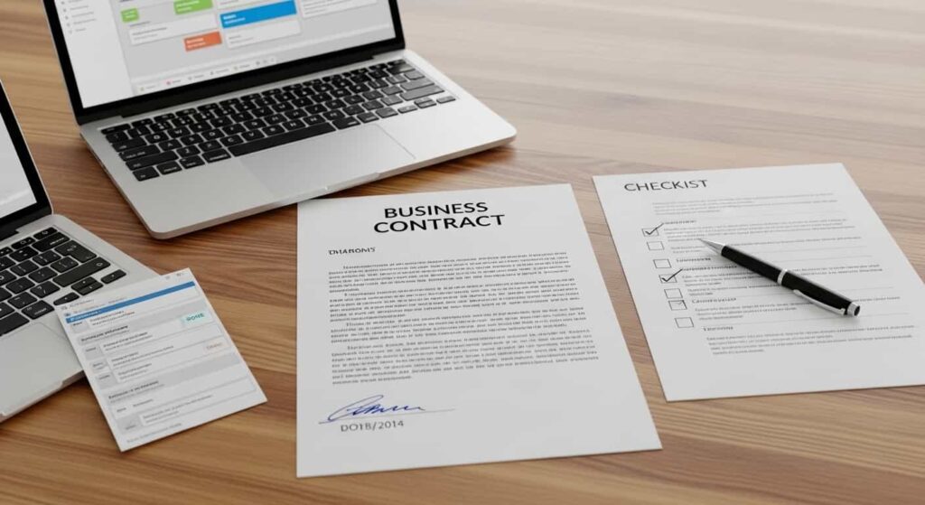 Freelance web developer onboarding setup with signed contract, laptop showing project management tools, and printed checklist for client kickoff