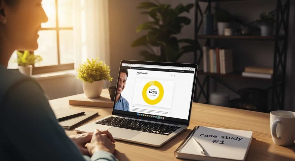 Web developer recording screen audit video on laptop, website performance metrics visible, creating first case study