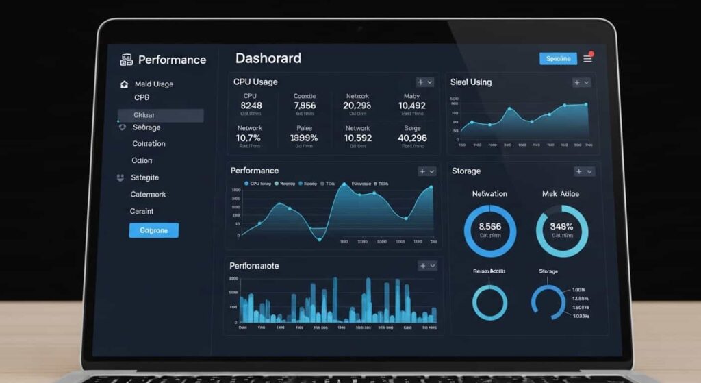Freelance web developer reviewing client acquisition metrics and automation dashboard on laptop screen with analytics data visible