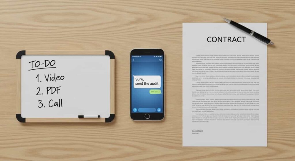 Overhead view of smartphone with reply message, whiteboard with next steps, contract and pen, converting prospect to client