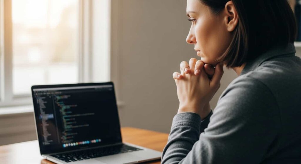 Freelance web developer thoughtfully considering client questions and business strategy while working at home office desk