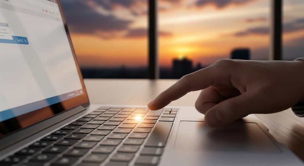 Hand pressing send key on laptop keyboard, email being sent with sunset glow, successful outreach moment
