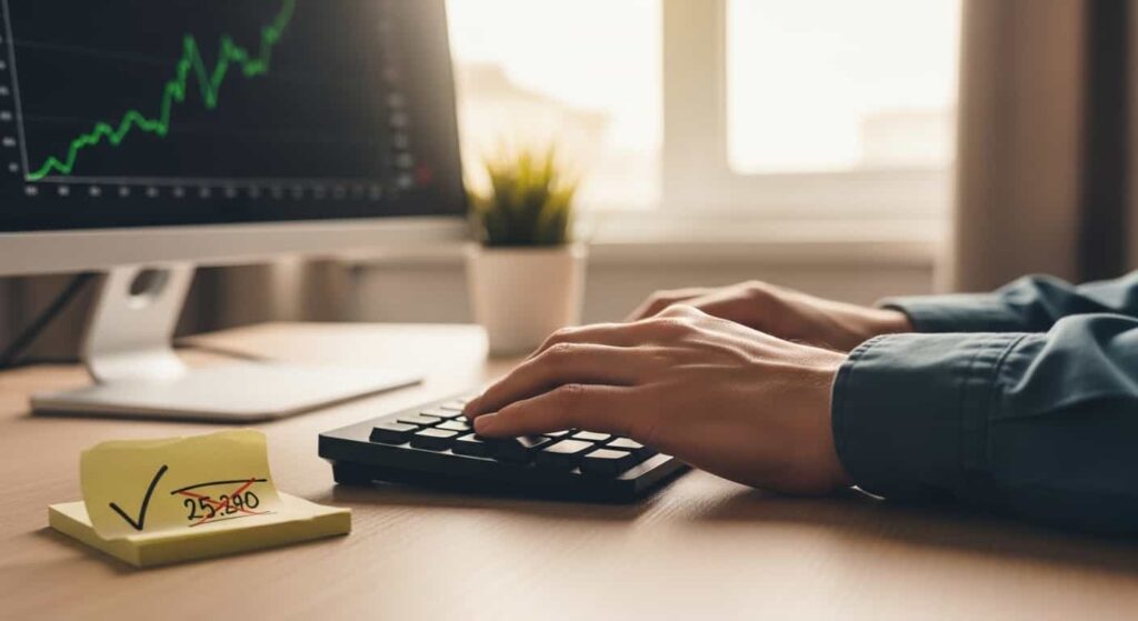 Close up of a freelance web developer's hands on a keyboard with a financial growth chart on the monitor and a sticky note showing a crossed out low rate.