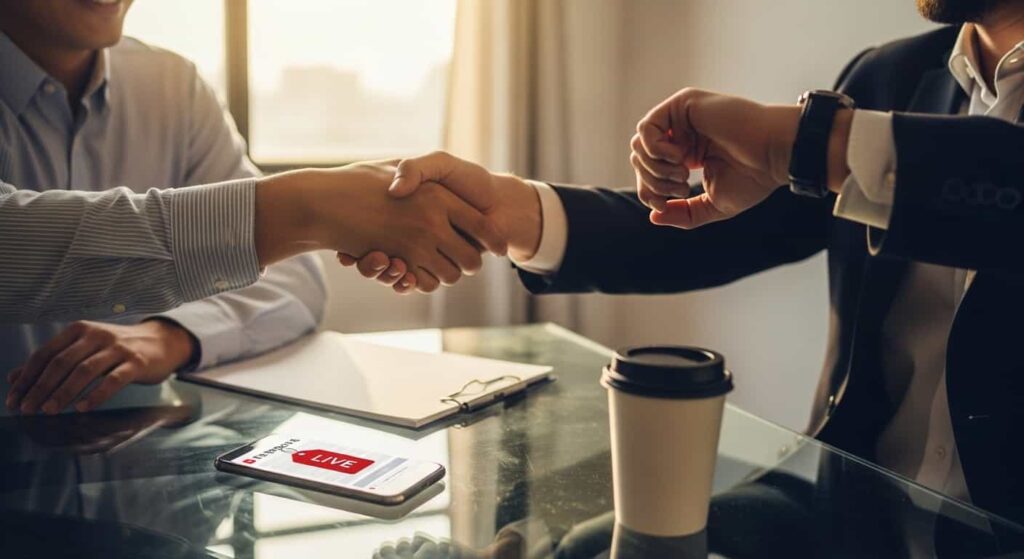 Two business professionals shaking hands across a modern desk after a successful website launch, with a smartphone showing a live website screen.