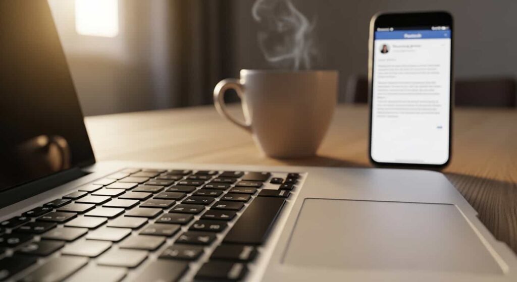 Close-up of laptop keyboard on wooden desk with coffee mug and smartphone showing Facebook group notification, warm natural lighting
