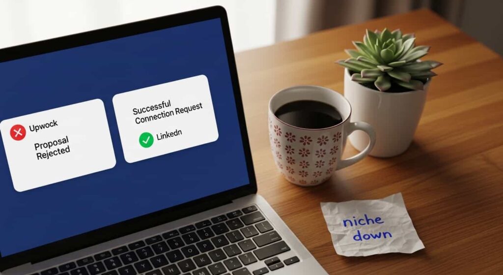 Web developer shifting from Upwork to LinkedIn client acquisition strategy on wooden desk with laptop and notebook 2026