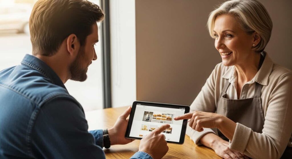 Web designer showing website mockup to local bakery owner during friendly client meeting at coffee shop