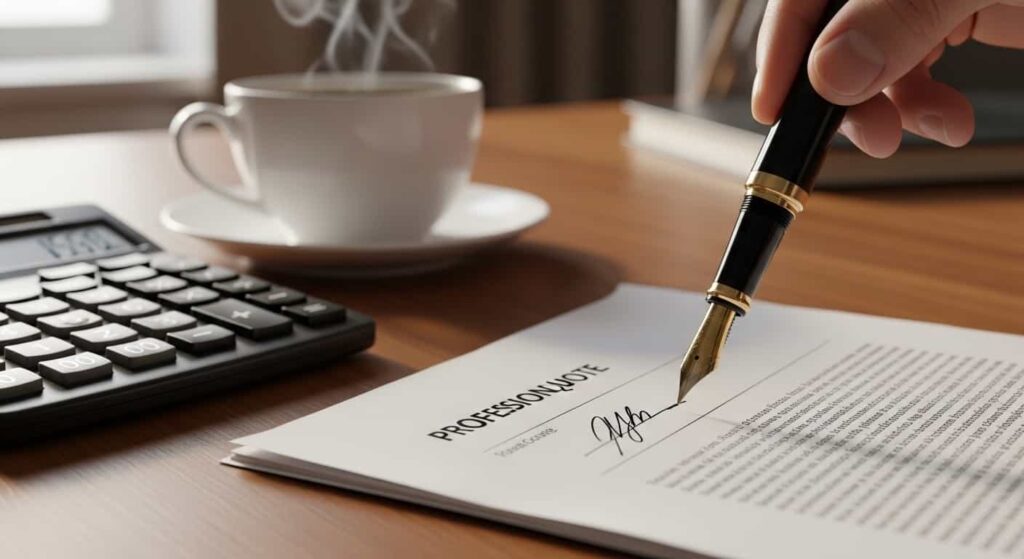 Freelance web developer signing a project quote document with a calculator showing multiplied numbers on a wooden desk