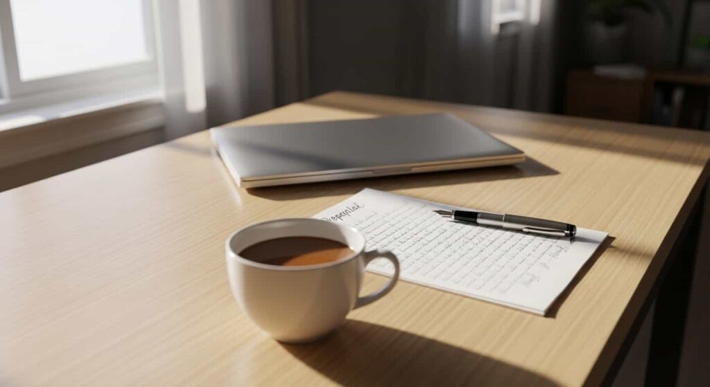 Web designer reviewing a signed client proposal on a wooden desk in natural morning light