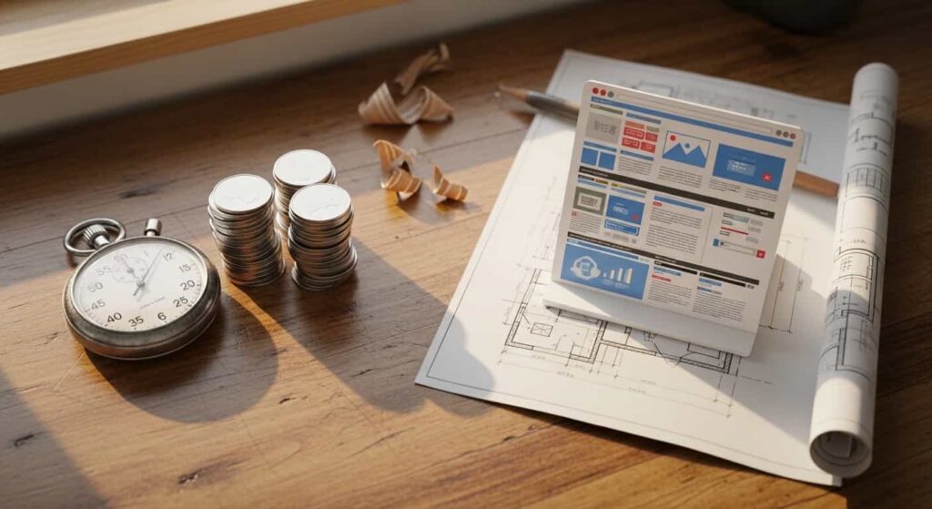 Freelance web developer comparing an hourly rate stopwatch and coins against a fixed project rate blueprint and website model on a wooden desk.