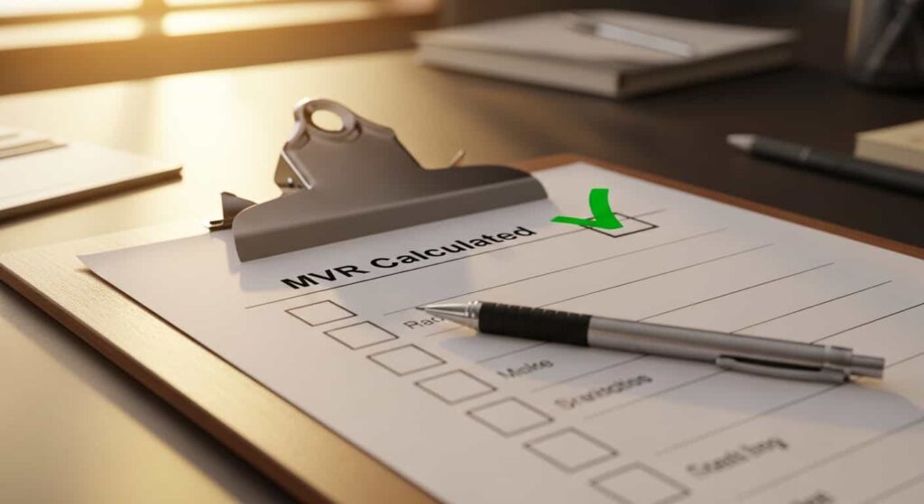 Completed pricing strategy checklist on a wooden clipboard for a web developer, showing calculated minimum viable rate and retainer package pricing items checked off.
