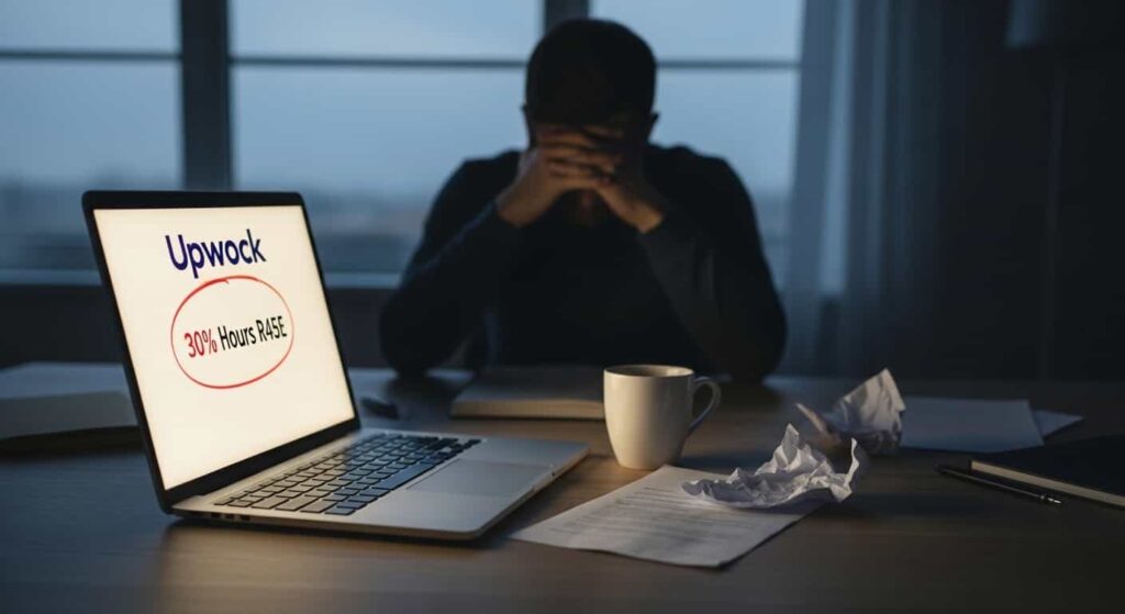 Frustrated freelance web developer sitting at a messy home office desk looking at a low hourly rate proposal on a laptop screen.