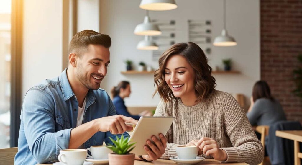 Two small business owners reviewing content on a tablet in a coffee shop, smiling and engaged in conversation