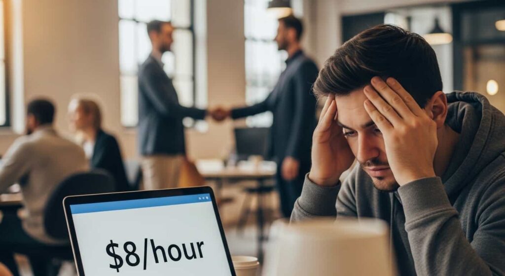 Frustrated web developer seeing low budget freelance bid on Upwork compared to winning proposal