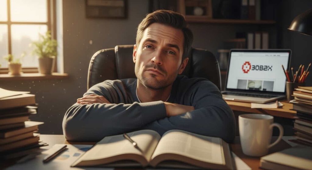 Skeptical local business owner looking frustrated while listening to a sales pitch about website design