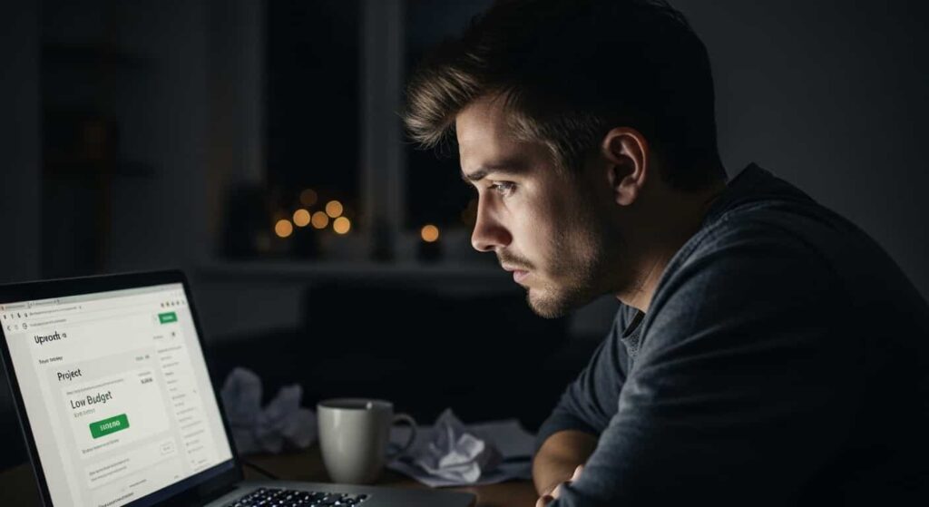 Stressed freelance developer looking at low payment platform rates on laptop screen in dark home office