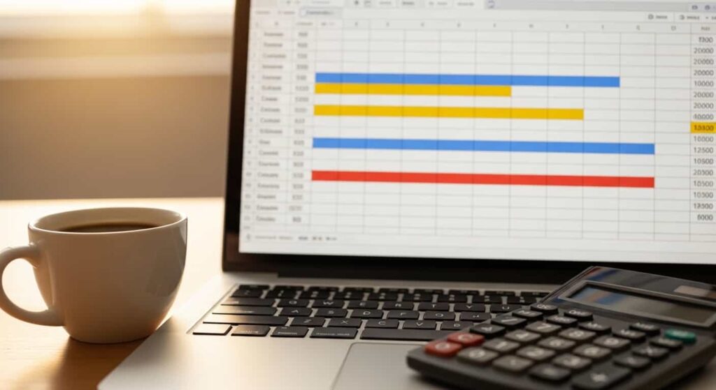 Freelance web developer calculating effective hourly earnings on a laptop spreadsheet with a calculator and coffee mug nearby.