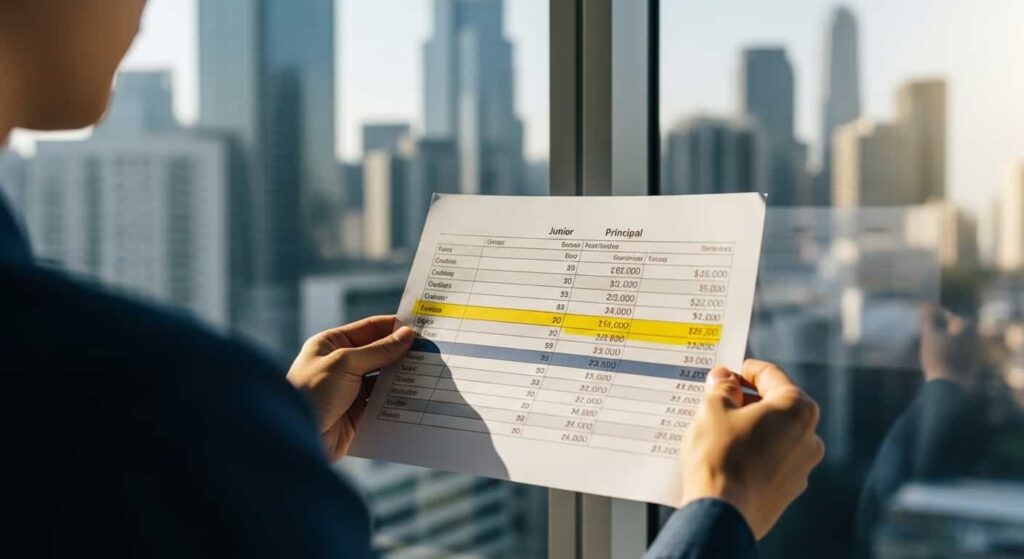 Web developer reviewing a printed market rate spreadsheet while standing in a sunny co-working space overlooking a city skyline.